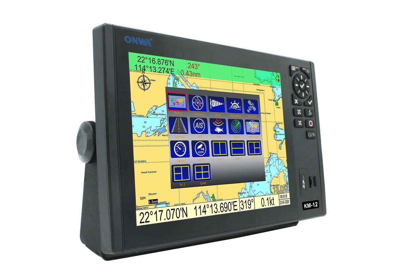 ONWA KM-12, schermo con carta nautica