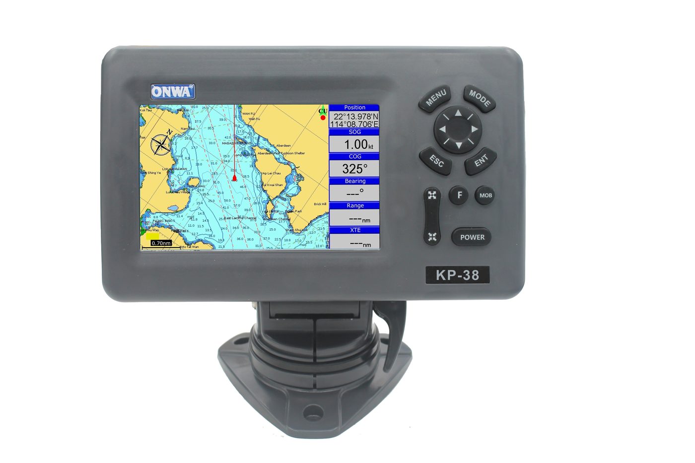 Chartplotter ONWA KP-38 su staffa, schermo con carta nautica