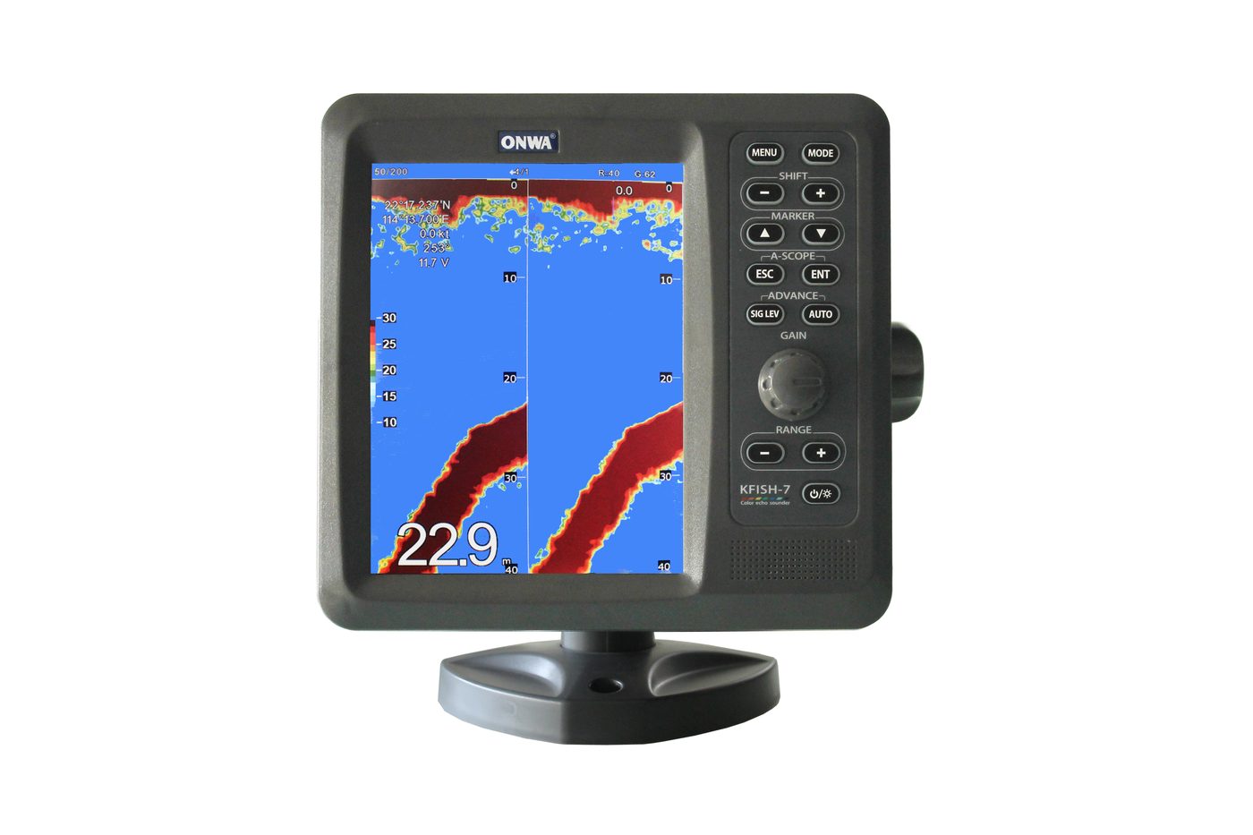 Ecoscandaglio ONWA KFISH-7, schermo acceso
